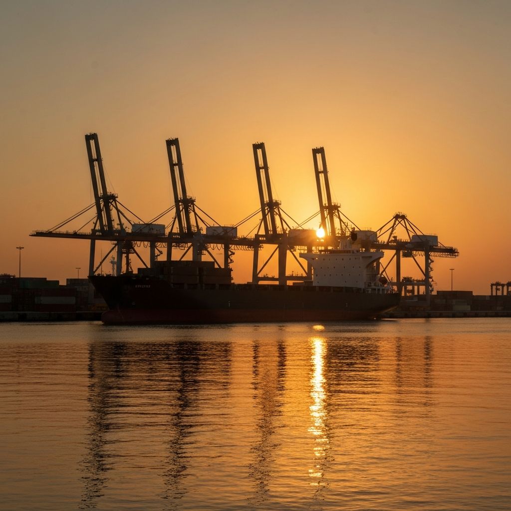 Maritime port at sunset